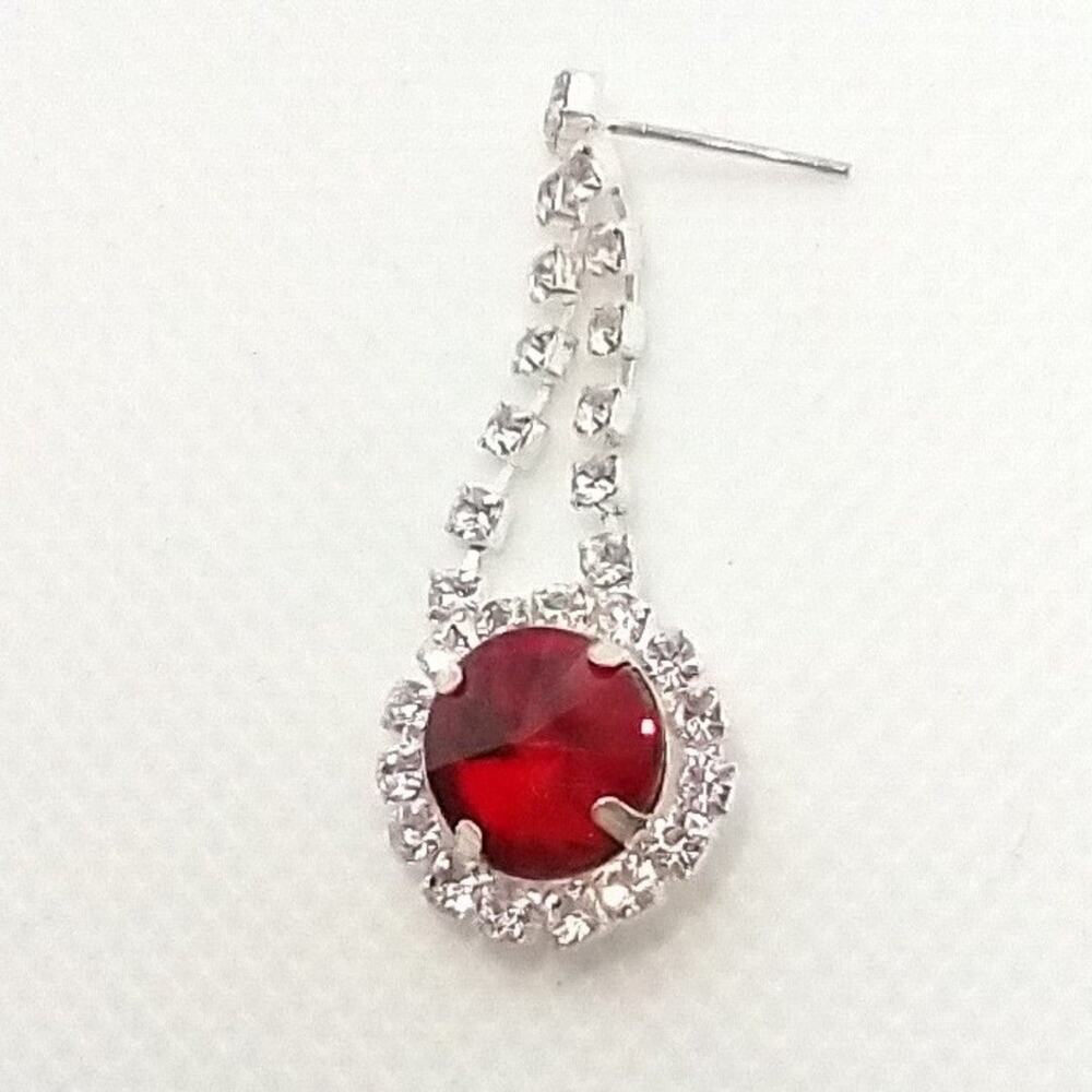 Red/clear Rhinestone Drop Earrings Silver Tone Posts - Picture 3 of 6